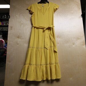 Magaschoni 100% Cotton Yellow Gauze Tiered Midi Dress Women's Sz Sm